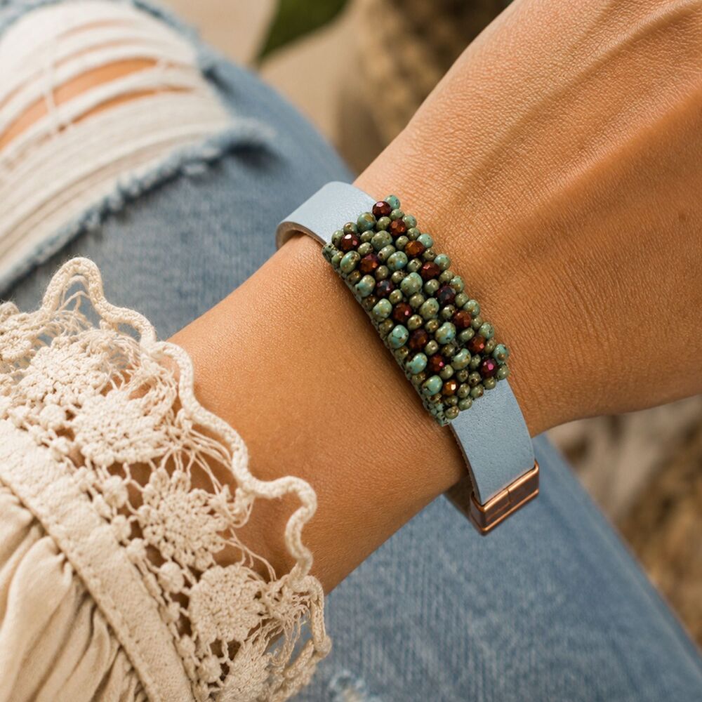 Bohemian Picasso Beaded Blue Leather Bracelet Cuff
